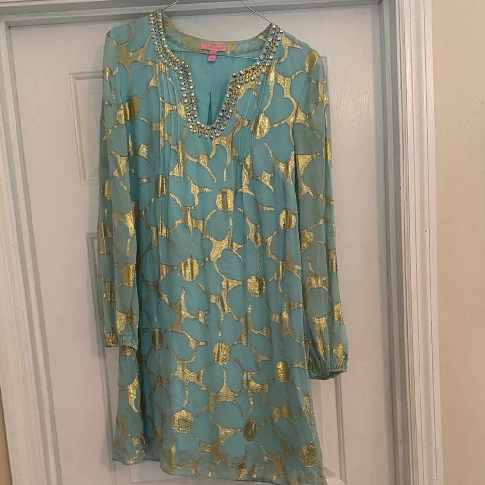 Lilly Pulitzer Gold and Aqua Patterned Dress